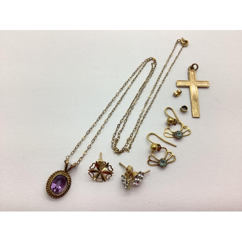 216 - A 9ct Gold Cross Pendant, a 9ct gold stone set pendant suspended on a dainty fine link chain stamped... 