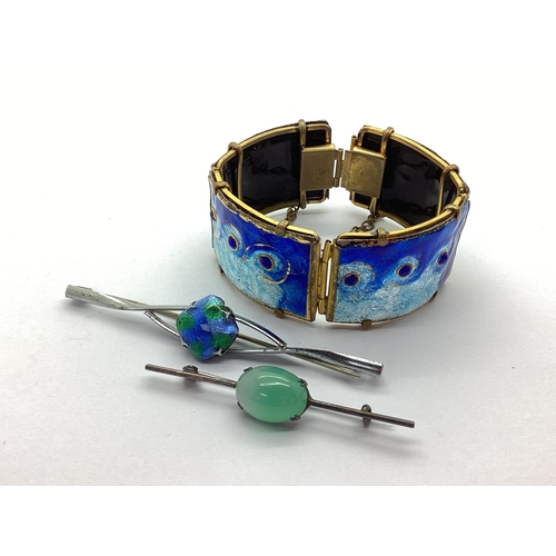 218 - A Vintage Gilt Metal Enamel Foil Wide Panel Bracelet, hinged to snap clasp; A Vintage Bar Brooch, wi... 