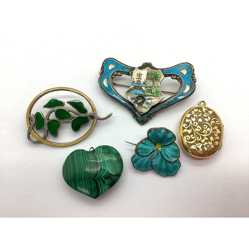 227 - A Vintage Malachite Heart Pendant, together with a turquoise enamel pansy brooch, a further enamel s... 