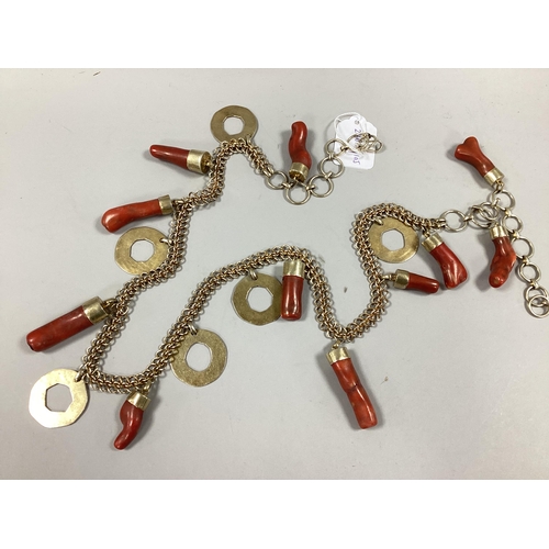 230 - An Unusual Retro Style Gilt Metal and Coral Chain Link Belt, suspending open discs and coral pieces,... 