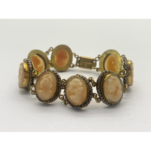 241 - A Vintage Gilt Coloured BG Cameo Bracelet, of panel design, the carved portrait of a lady within rop... 