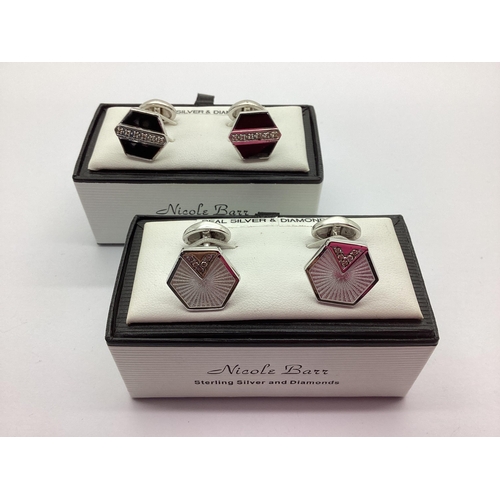 297 - Nicole Barr; A Pair of Modern Hallmarked Silver Diamond Set Enamel Cufflinks, each hexagonal panel h... 