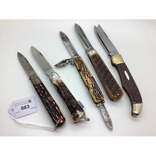 883 - A Two Blade Folding Knife, stag scales (12.5cm closed); Inox Two Blade Folding Knife; further two bl... 