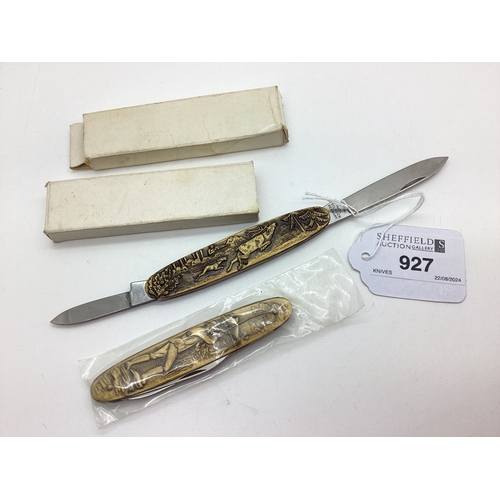 927 - Inox Solingen German Two Blade Folding Penknives, decorative scales detailed in relief with angler a... 