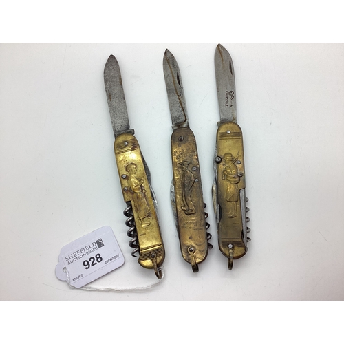 928 - Two Folding Pocket Knives, brass scales detailed in relief, blade stamped 