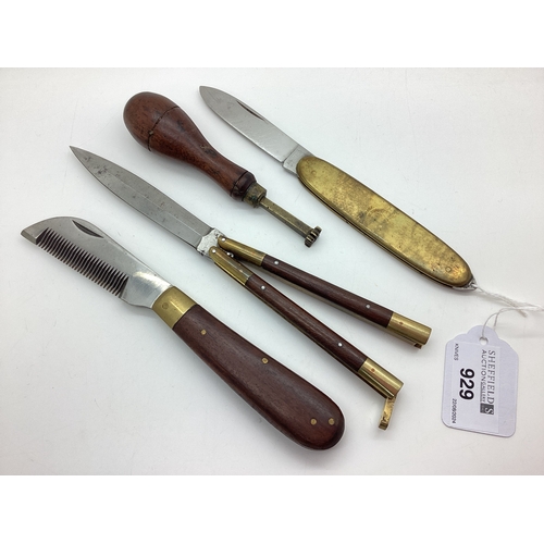 929 - Beard / Moustache Comb, decorative stamp, folding knives.