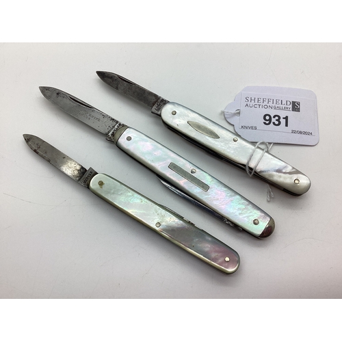 931 - Folding Pocket Knives, mother of pearl scales, including Taylors Eye Witness, F. Newton Sheffield (7... 