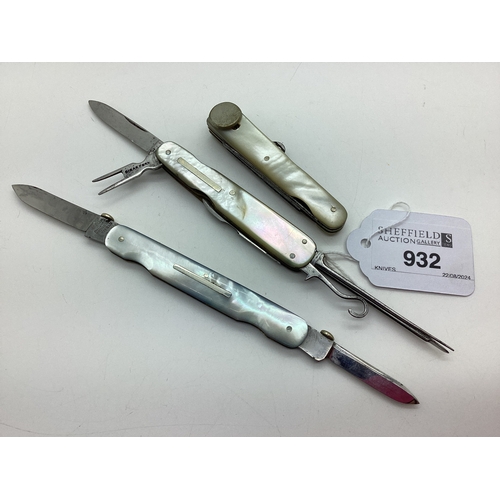 932 - A Pipe Smoker's Folding Pocket Knife, mother of pearl scales (blades incomplete) (7.2cm closed); A T... 