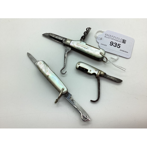 935 - A Miniature Two Blade Folding Pocket Knife, mother of pearl scales (rust) (3.4cm closed); A Small Tw... 