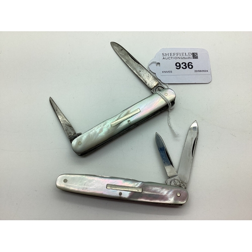 936 - Four Blade Folding Pocket Knife, mother of pearl scales, blade stamped 