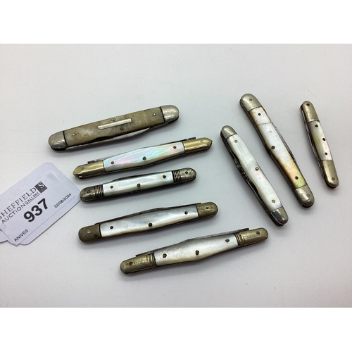 937 - A Collection of Assorted Folding Pocket / Penknives, mother of pearl scales, nickel bolsters (5.1cm-... 