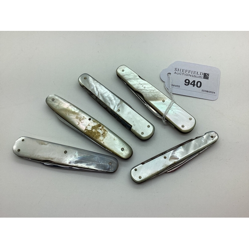 940 - Folding Pocket Knives, mother of pearl scales, including Horseman Brand (7cm-8.3cm closed). (5)