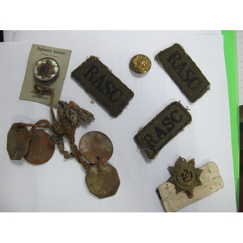 376 - WWI/WWII British Army Royal Army Service Corps Identification Tags, cap badges, buttons, unit cloth ... 
