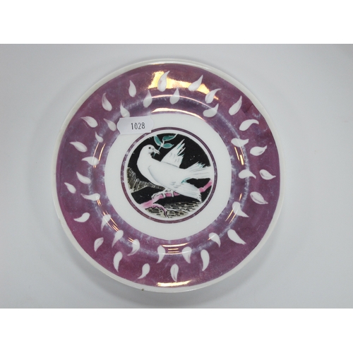 1028 - A Foley China Laura Knight Porcelain Side Plate, decorated with a dove within a pink lustre border, ... 