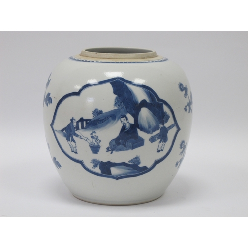 1122 - A Late XIX Century Chinese Porcelain Ginger Jar (lacking cover), painted in blue with figures in roc... 
