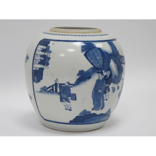 1122 - A Late XIX Century Chinese Porcelain Ginger Jar (lacking cover), painted in blue with figures in roc... 
