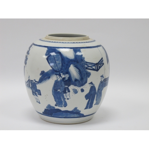 1122 - A Late XIX Century Chinese Porcelain Ginger Jar (lacking cover), painted in blue with figures in roc... 