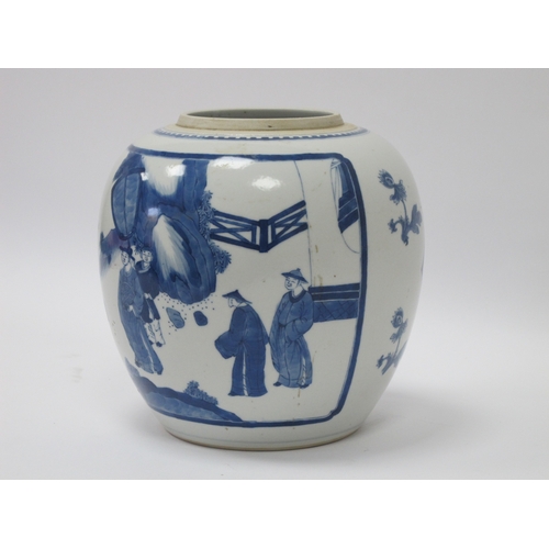 1122 - A Late XIX Century Chinese Porcelain Ginger Jar (lacking cover), painted in blue with figures in roc... 