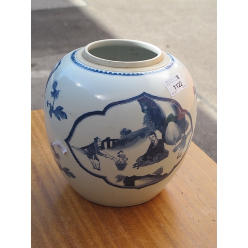 1122 - A Late XIX Century Chinese Porcelain Ginger Jar (lacking cover), painted in blue with figures in roc... 