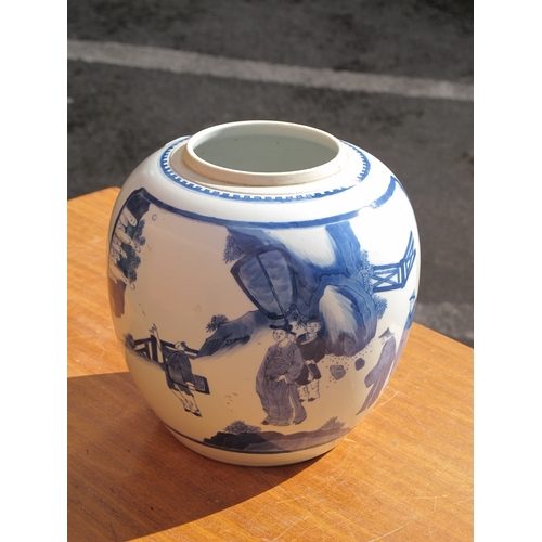 1122 - A Late XIX Century Chinese Porcelain Ginger Jar (lacking cover), painted in blue with figures in roc... 