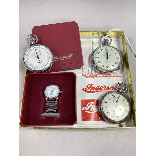 122 - HANHART Openface Stopwatch, 1/5 Sec; TIM 1/10 stopwatch; Stadion stopwatch; Ingersoll nurse's watch.... 