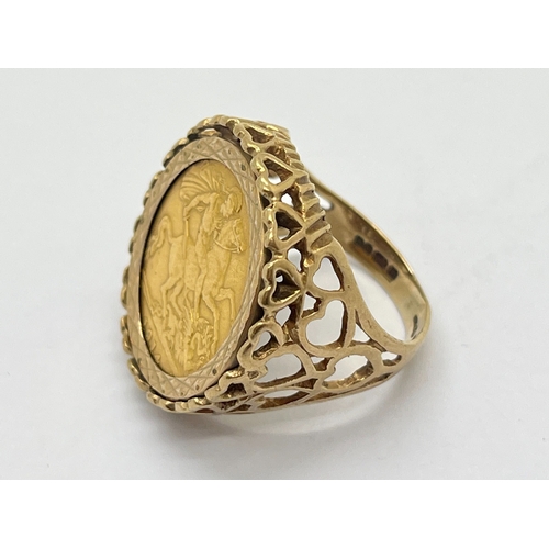 44 - A George V 1914 Half Soverign Ring, mounted within a 9ct gold openwork setting, of pierced heart des... 