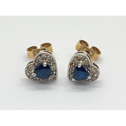 63 - A Pair of 9ct Gold Heart-Shape Cluster Earrings, diamond and sapphire set, to butterfly backs stampe... 