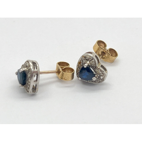 63 - A Pair of 9ct Gold Heart-Shape Cluster Earrings, diamond and sapphire set, to butterfly backs stampe... 