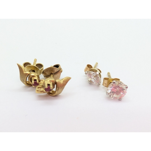 65 - A Pair of 9ct Gold Stone Set Earstuds, of abstract scroll design and brushed finish, a pair of CZ se... 