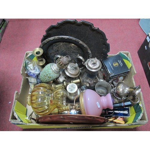 1044 - Pair of XIX Century Brass Candlesticks, four piece plated tea service, table lamps, etc:- One Box.