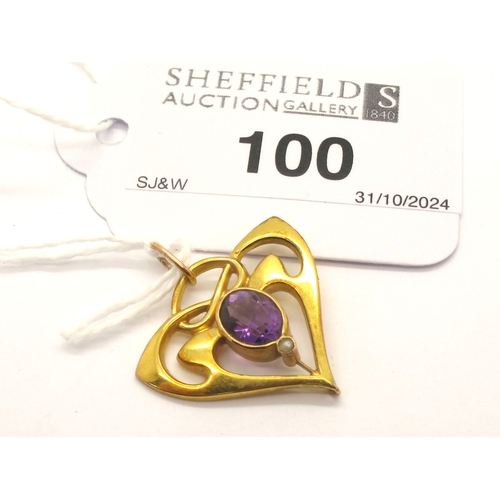 100 - An Art Nouveau Amethyst Set Pendant, of sinuous pierced design, oval collet set to centre with subse... 