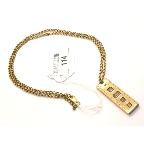 114 - A 9ct Gold Ingot Pendant, London 1977, 4.3cm long, suspended on a curb link chain stamped 