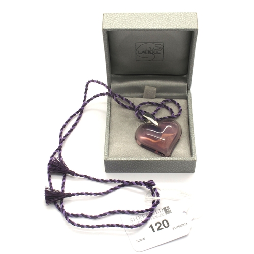 120 - Lalique; A Modern Mauve Heart Pendant, signed verso 