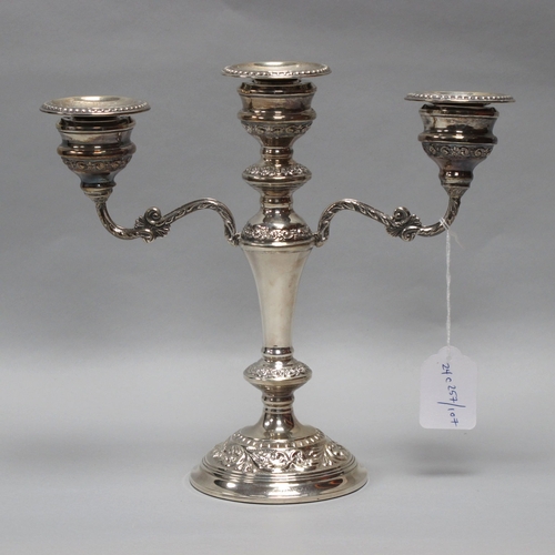 13 - A Hallmarked Silver Twin Branch Candelabrum, Broadway & Co, Birmingham 1975, allover detailed in rel... 