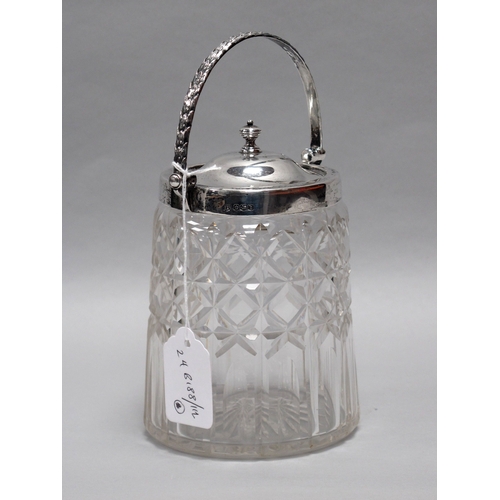 17 - A Hallmarked Silver Mounted Swing Handle Glass Biscuit Barrel, Thomas Bradbury & Sons, Sheffield 191... 