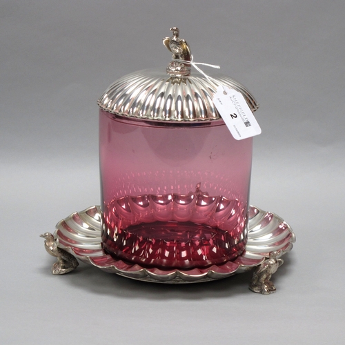 2 - A TH&S Electroplated and Cranberry Glass Biscuit Box, the fluted pull of cover with bird of prey fin... 