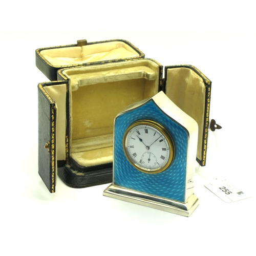 255 - A Hallmarked Silver and Enamel Bedside Clock, Edwards & Sons, Birmingham 1911, the white enamel dial... 