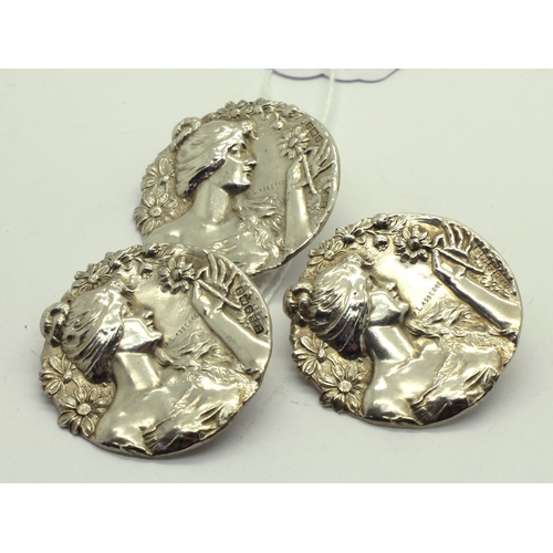 256 - A Set of Three Large Art Nouveau Hallmarked Silver Buttons, Levi & Salaman, Birmingham 1900, each of... 