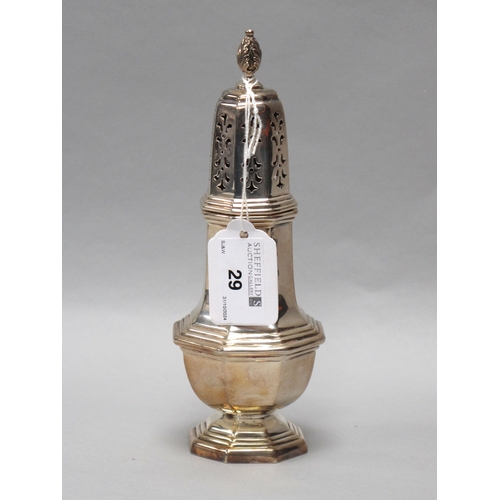 29 - A Large Hallmarked Silver Sugar Caster, B.G, Birmingham 1947, of baluster form with part reeded deco... 