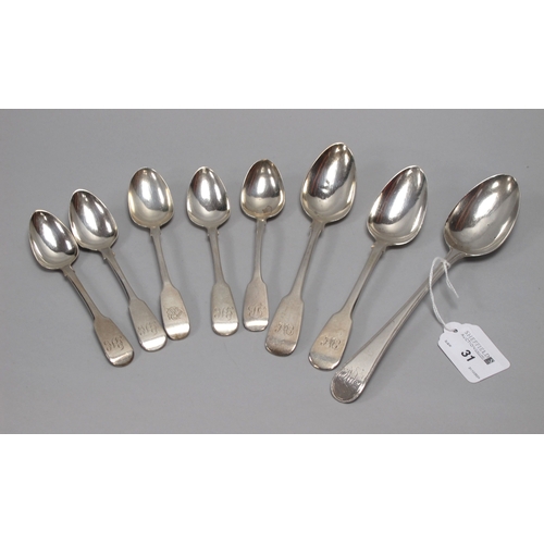 31 - A Pair of Hallmarked Silver Fiddle Pattern Teaspoons, JB, London 1834, initialled; three further hal... 