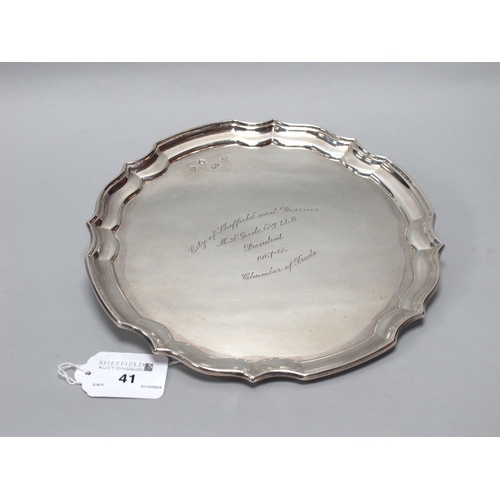 41 - A Hallmarked Silver Card Tray, PB, Sheffield 1967, of shaped circular form inscribed 