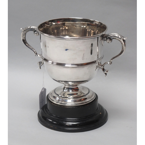 44 - A Hallmarked Silver Twin Handled Trophy Cup, Pairpoint Bros, London 1926, twin leaf capped scroll ha... 