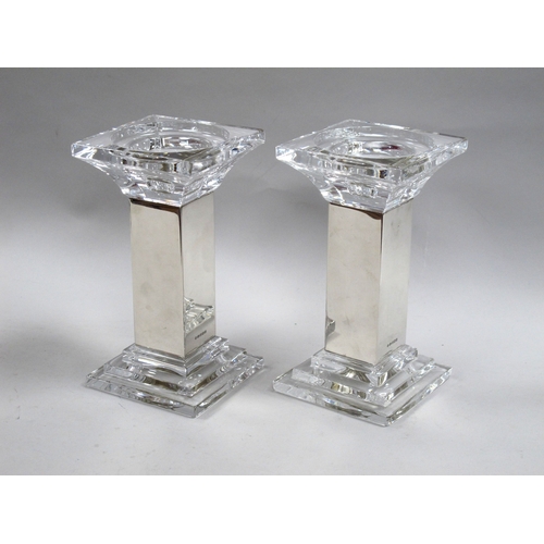 50 - A Pair of Modern Matched Hallmarked Silver Mounted Glass Candlesticks, RC 925, Sheffield 2007, 2008,... 