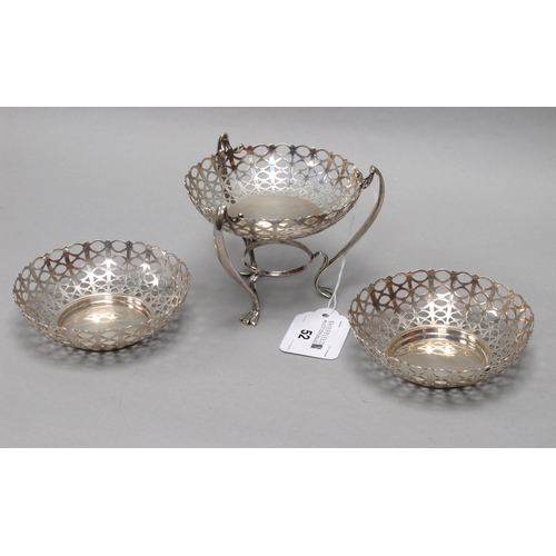 52 - An Edwardian Hallmarked Bon Bon Dish, of pierced circular form, raised on a sinuous stand with three... 