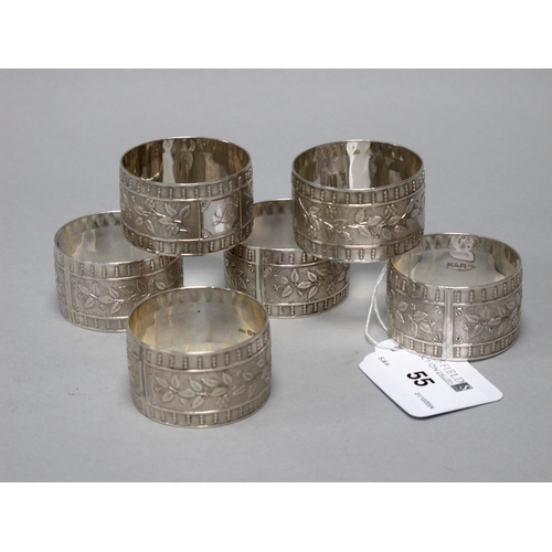 55 - Charles Horner; A Set of Six Hallmarked Silver Napkin Rings, Chester 1944, of textured floral decora... 