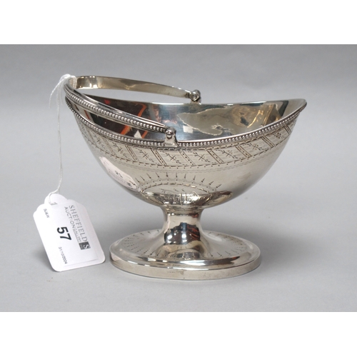 57 - A Georgian Hallmarked Silver Swing Handled Sugar Basket, (makers mark indistinct) London 1793, with ... 