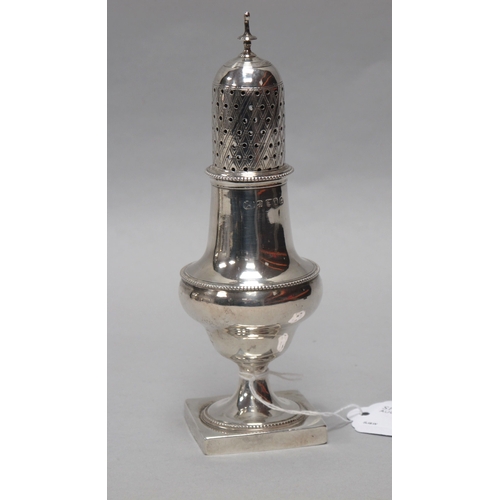 59 - A Georgian Hallmarked Silver Sugar Caster, (marks rubbed) London 1792, with pierced pull off cover, ... 