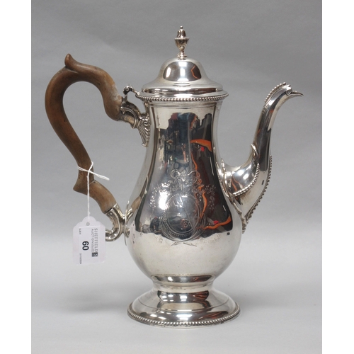 60 - A Georgian Provincial Hallmarked Silver Coffee Pot, Langlands & Robertson, Newcastle 1778, of balust... 