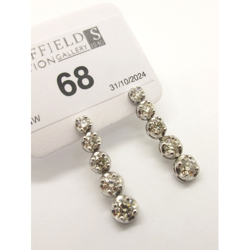 68 - A Pair of Modern 18ct White Gold Five Stone Diamond Set Drop Earrings, graduated claw set with gradu... 