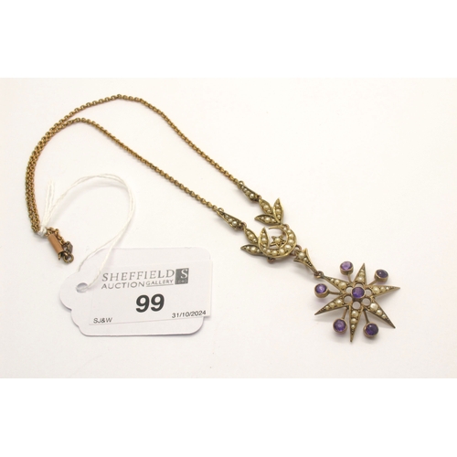 99 - A Highly Decorative Edwardian Seed Pearl and Amethyst Necklace, of crescent moon and star design, th... 